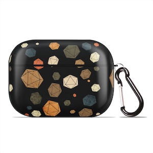 May include: Black Airpods case with a geometric pattern of colorful, textured, multi-sided shapes. The case has a black carabiner clip.