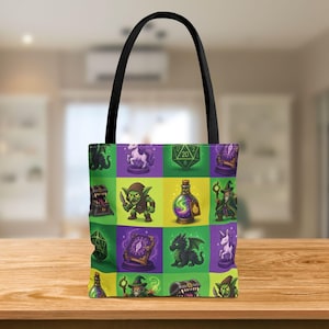 Fantasy Tote Bag, DnD DM D20 Dice Bookish School Bag, Wizard Unicorn Gift