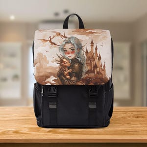 Fantasy Dragon Backpack, Anime Girl and Baby Dragon, Castle Art School Bag, Medieval Bookish Gift, DnD Travel Rucksack, Unisex Adventure Bag