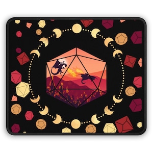 May include: Black rectangular mousepad featuring a D20 die design with dragons, a sunset landscape, and a gold moon phase border. Additional polyhedral dice and moon phases are scattered across the black background.