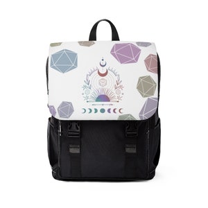 May include: A black backpack with a white front panel featuring a colorful geometric design with a sun, moon, and dice symbol. The design is surrounded by pastel-colored geometric shapes.