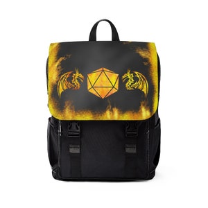 May include: Black backpack with a yellow and orange design featuring two dragons flanking a twenty-sided die.
