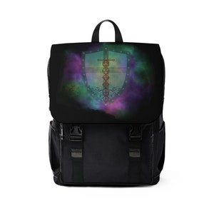 May include: Black canvas backpack with a colorful, galaxy-like design featuring a shield with a sword and dice. The shield is surrounded by a colorful nebula.