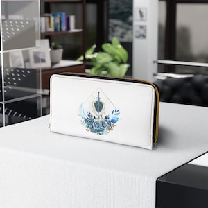 Cartera de cuero DnD, Cartera con cremallera, Regalos DnD, Cartera floral, Cartera de dados, Cartera de mujer, Cartera de cuero vegano, Regalos DM, Cartera de espada, DnD