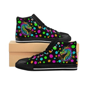 May include: Black high-top canvas shoes with a colorful design featuring a dragon and geometric shapes.