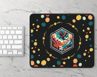 May include: A black mousepad with a colorful design featuring a dragon flying over a mountain range inside a hexagonal frame. The background is filled with scattered colorful dice.