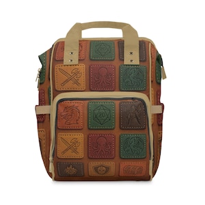 May include: Brown backpack with a tan handle and straps. The bag is covered in square patches with various fantasy-themed images, including a dragon, octopus, and dice. The patches are in shades of brown, green, red, and gold.