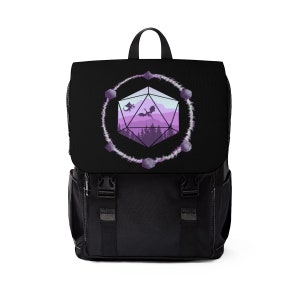 May include: Black backpack featuring a purple and white design of a 20-sided die with a mountain landscape and two dragons inside. The die is surrounded by smaller dice.