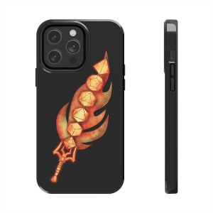 May include: Black phone case with a fiery orange sword made of dice. The sword is made of six dice with a flame design behind it.