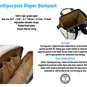 May include: White diaper backpack with black accents and multiple pockets. The bag is 38.1 cm by 27.4 cm by 17 cm. The bag has a zippered main compartment, two exterior pockets, a zippered front pocket, and four interior open pockets. The bag is made of high-grade nylon and has adjustable shoulder straps, a padded back panel, and a cream interior lining.