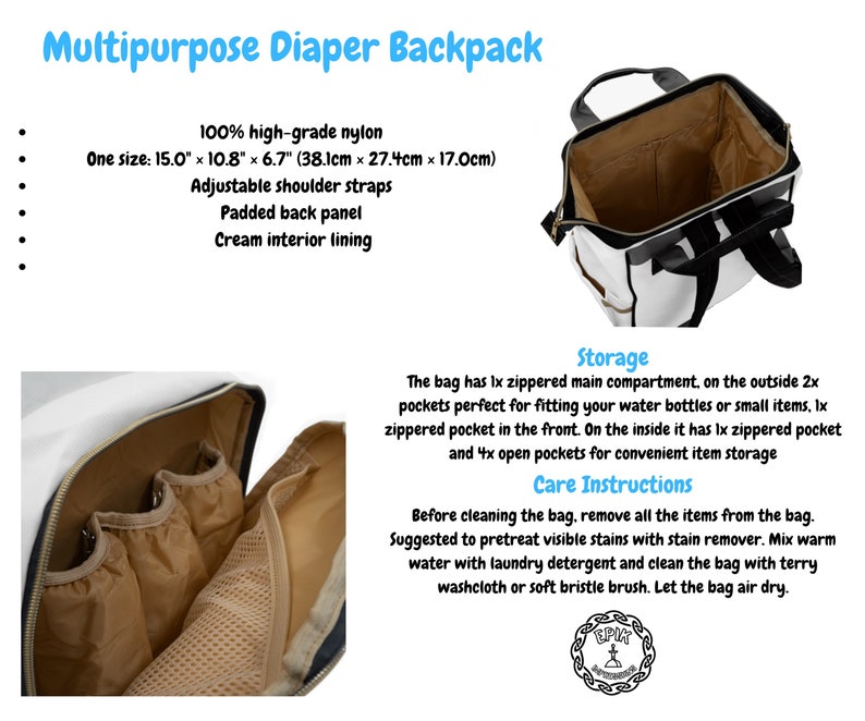 May include: White diaper backpack with black accents and multiple pockets. The bag is 38.1 cm by 27.4 cm by 17 cm. The bag has a zippered main compartment, two exterior pockets, a zippered front pocket, and four interior open pockets. The bag is made of high-grade nylon and has adjustable shoulder straps, a padded back panel, and a cream interior lining.