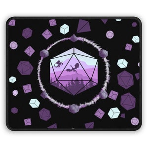 May include: A black mousepad with a purple and white design featuring a large purple 20-sided die with a mountain landscape and two dragons inside. The die is surrounded by smaller purple and white dice.