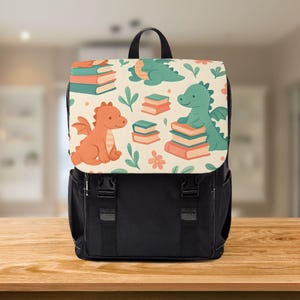 Whimsical Dragon Book Lover Canvas Laptop Backpack, Pastel Kawaii Fantasy School Bag for Readers and Students, Bookish Mini Bag, Book Lover