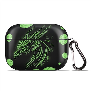 May include: Black Airpods case with a green dragon design and a black carabiner clip. The case has a geometric pattern of green diamonds.