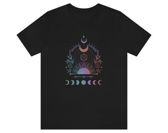 May include: Black t-shirt with a graphic design of a sun, moon, and a 20-sided die in a geometric pattern. The design is in a gradient of pink and blue.