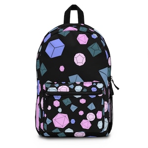 May include: Black backpack with a colorful geometric pattern of pink, blue, and green diamonds. The backpack has a zippered pocket on the front and a mesh pocket on the side.