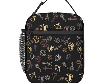 Bolsa térmica para almuerzo DnD: D20, espadas y patrón de bastón mágico