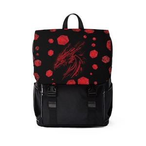 May include: Black backpack with a flap featuring a red dragon illustration and red dice pattern. The backpack has a black body with two front buckles and a top handle. A stylish accessory for everyday use.