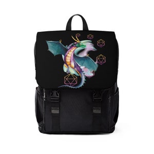 May include: Black backpack with a colorful dragon and geometric shapes printed on the front flap. The dragon is green, purple, and gold.