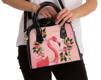 Flamingo Shoulder Handbag, Flamingo gift, Leather handbag, Leather purse, Women handbag, Leather shoulder bag, Pink Flamingo