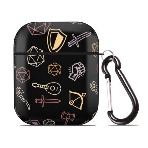 May include: Black Airpods case with a colorful pattern of dice, swords, shields, and other fantasy-themed symbols. The case has a black carabiner clip attached.
