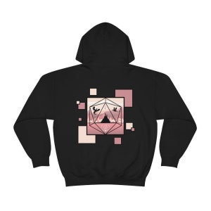 May include: Black hooded sweatshirt with a pink and white graphic of a mountain range inside a 20-sided die with two dragons flying above.