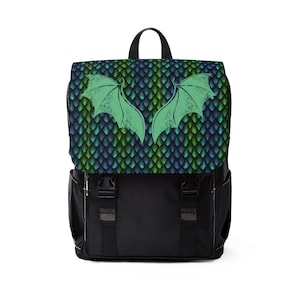 May include: Black backpack with a green and blue dragon scale pattern on the front flap. The dragon scales have a green and blue gradient. The backpack has two adjustable straps and a zippered front pocket.