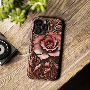 Punzierte Blumen iPhone Lederhülle: 3D Boho Pink Blumen Hülle