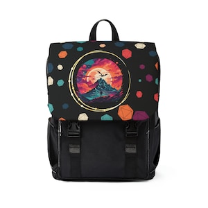 May include: Black backpack with a colorful design featuring a geometric pattern and a scene of a dragon flying over a mountain range with a sunset in the background.