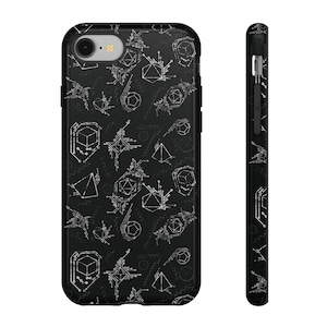 May include: Black phone case with a white geometric pattern featuring dice and other shapes. The case is shown from the front and side, showcasing the design's wrap-around coverage. The case is designed to fit a smartphone.