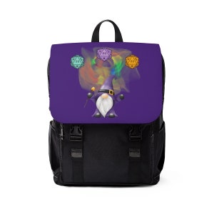 May include: A black backpack with a purple front panel featuring a cartoon gnome wearing a purple wizard hat and holding a magic wand. The gnome is surrounded by a rainbow-colored cloud with three purple, green, and orange 20-sided dice.