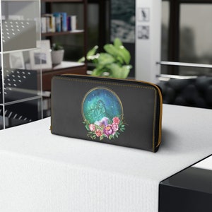 Feen Leder Brieftasche, Reißverschluss Brieftasche, Feen Geschenke, Cottagecore Brieftasche, Cosmos Brieftasche, Damen Brieftasche, Vegan Leder Brieftasche