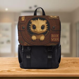 Bookish Dragon Backpack, Fantasy Shoulder Bag for Readers, Leather Look Bag, Cute Dragon Satchel, DnD Reader Gift, Unisex School Bag, DM