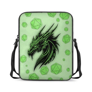 May include: A green and black laptop sleeve featuring a dragon head design and a green dice pattern.