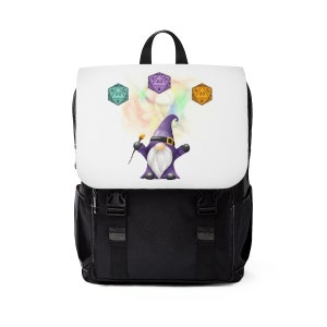May include: Black backpack with a white front panel featuring a cartoon gnome wearing a purple hat and holding a wand. Three colourful 20-sided dice are floating above the gnome.