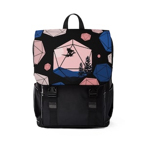 May include: Black backpack with a geometric pattern of pink and blue dice with a silhouette of a dragon flying over a mountain range.