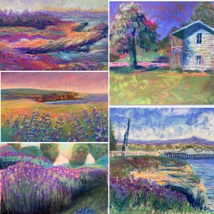 Conjunto de 5 lindos cartões. O conjunto inclui: Quail Hallow Ranch, Lupin Sunset, Golden Palm Trees, Coastal Poppies e Point Lobos.