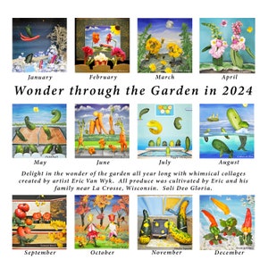 May include: A collage of 12 images depicting a garden throughout the year. Each month is represented by a different image featuring various fruits and vegetables. The images are whimsical and creative, with the produce arranged in humorous ways. The text "Wonder through the Garden in 2024" is at the top of the collage.