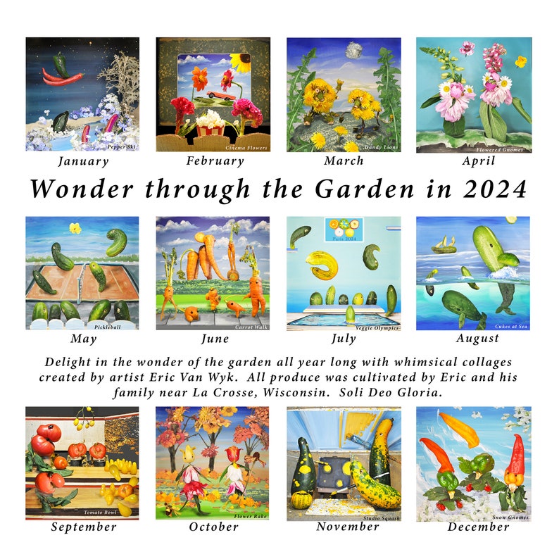May include: A collage of 12 images depicting a garden throughout the year. Each month is represented by a different image featuring various fruits and vegetables. The images are whimsical and creative, with the produce arranged in humorous ways. The text "Wonder through the Garden in 2024" is at the top of the collage.