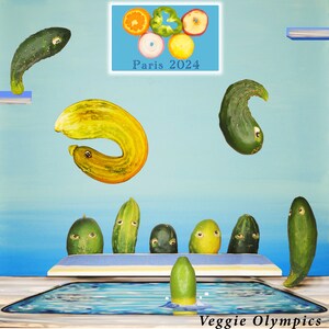 May include: A colorful illustration of vegetables participating in a swimming competition. The vegetables include cucumbers, zucchini, and a yellow squash. The pool is blue and the background is light blue. The text "Veggie Olympics" is at the bottom of the image. The text "Paris 2024" is in a box at the top of the image.