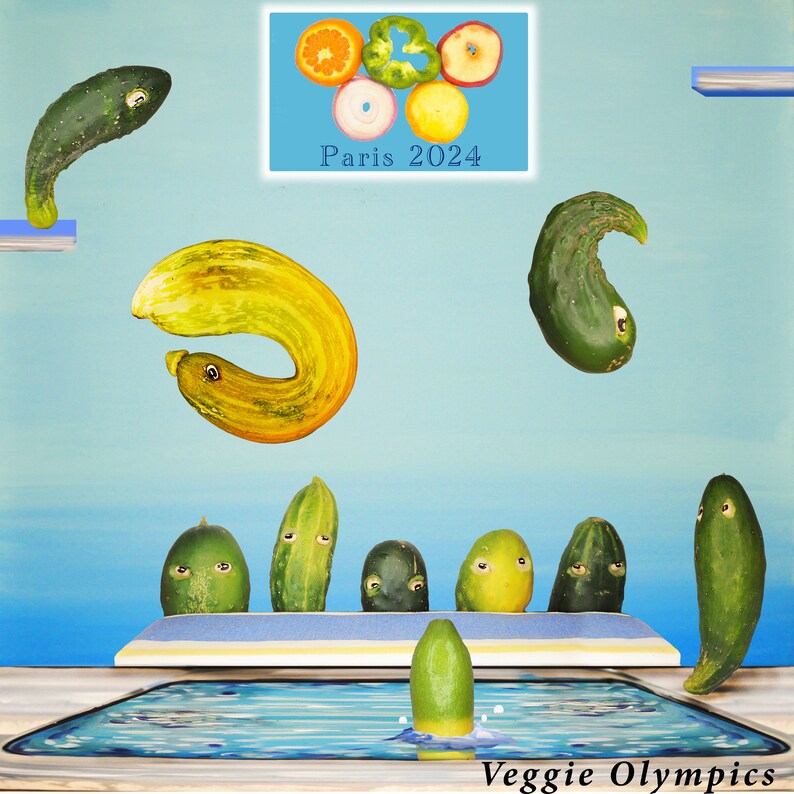 May include: A colorful illustration of vegetables participating in a swimming competition. The vegetables include cucumbers, zucchini, and a yellow squash. The pool is blue and the background is light blue. The text "Veggie Olympics" is at the bottom of the image. The text "Paris 2024" is in a box at the top of the image.