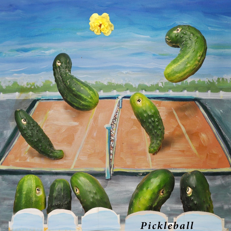 May include: A painting of a pickleball court with green pickles playing the game. The pickles are wearing faces and are in various positions on the court. The word "Pickleball" is written at the bottom of the painting.