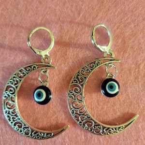 Crescent moon evil eye earings