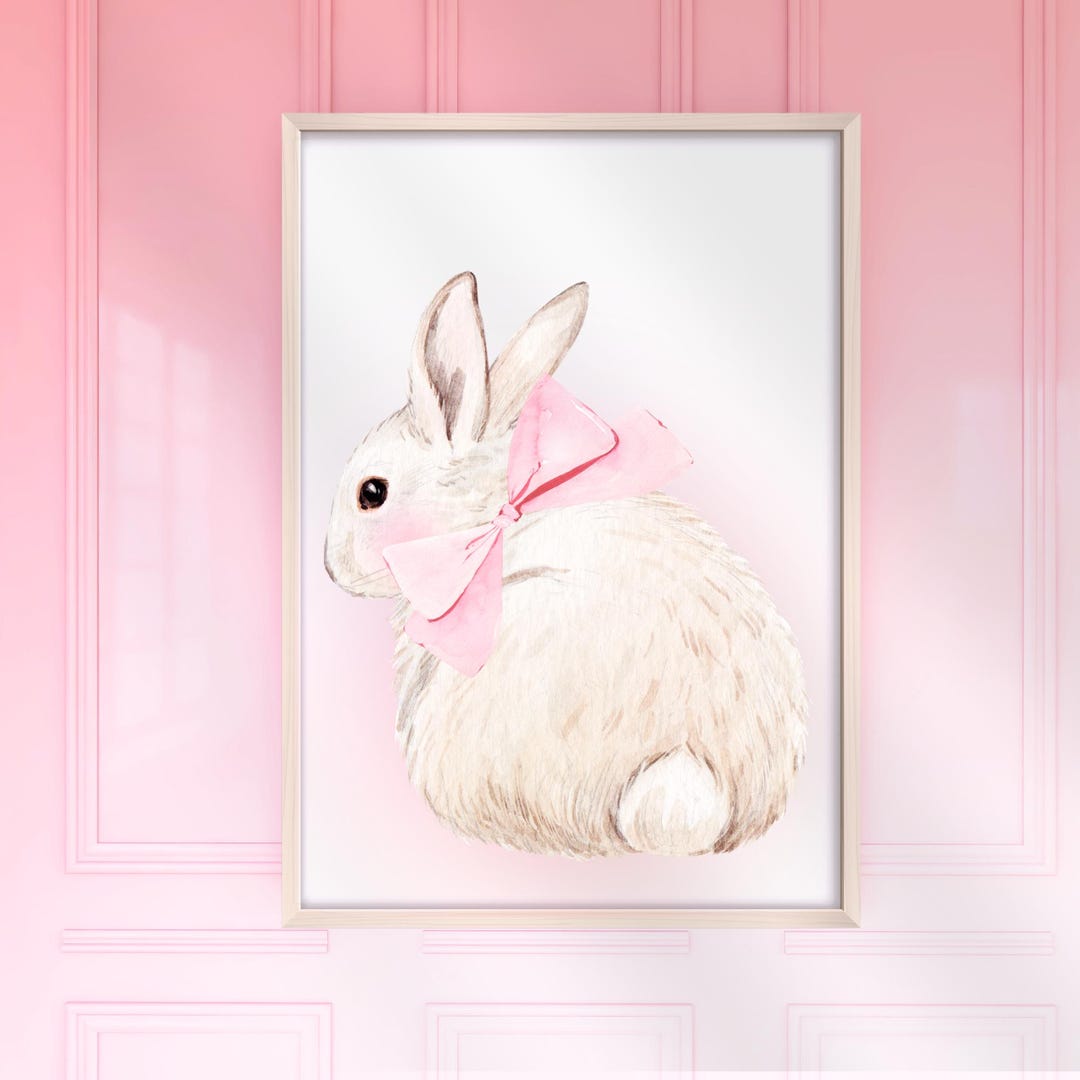 Watercolor Pink Bow Bunny Wall Art, Coquette Room Decor, Girly ...