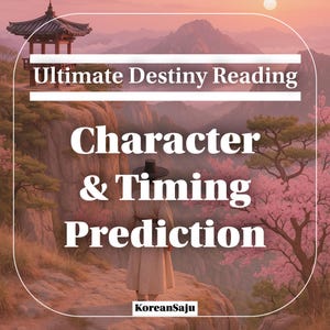以下が含まれることがあります： 「Ultimate Destiny Reading」と「Character & Timing Prediction」のテキストが入った画像。伝統的な韓国の衣装を着た人物が山道に立っており、背景にはパゴダと桜があります。「KoreanSaju」のテキストが下にあります。