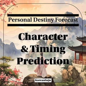 May include: An image with the text "Personal Destiny Forecast" and "Character & Timing Prediction" over a scenic background of mountains and a traditional building. A figure in a pink dress stands on a rock. The logo "KoreanSaju" is at the bottom.