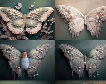 Newborn Digital Backdrop, Butterfly Backdrop Overlays, Digital Backdrop Overlays, Fantasy Digital Backdrops, Butterfly pearls and gems, sage