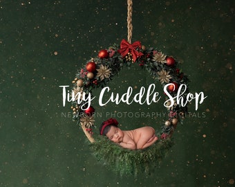 Newborn Digital Swing Background, Newborn Digital Backdrop, Christmas newborn digital swing red bow, green gold, Christmas wreath