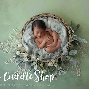 Op de afbeelding: Een pasgeboren baby slaapt in een rieten mandje bekleed met een lichtblauw dekentje. De mand is omringd door wit en groen gebladerte.