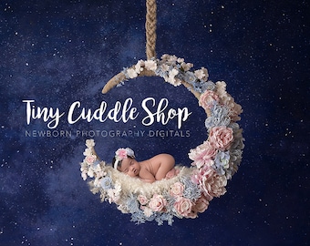 Newborn Digital Swing Background, Newborn Digital Backdrop, Newborn Photography Floral  Moon Swing starry night sky